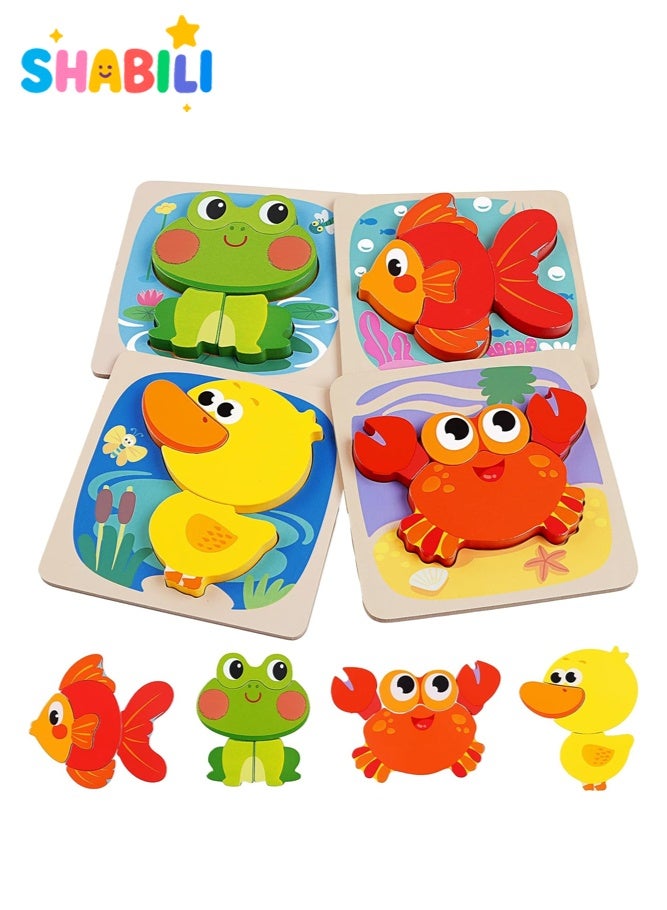SHABILI Wooden Puzzles for Toddlers Ages 3+, 3D Chunky Animal Puzzle Set with Large Stand-Up Pieces and Smooth Rounded Edges, Montessori Toy for Color & Shape Recognition and Fine Motor Skills, Fish Frog Duck Crab 4 Pack Gifts - Image 1